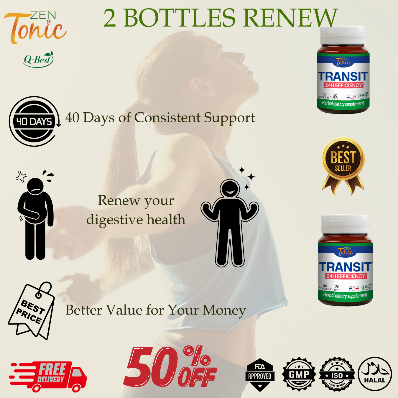 Zen&Tonic Transit Detox: 20-Day Digestive & Skin Nourishment All-Natural | 40 Capsules | Made in France